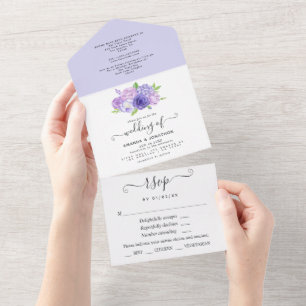 Ultra Violet Watercolor Bloemen Bruiloft All In On One Uitnodiging