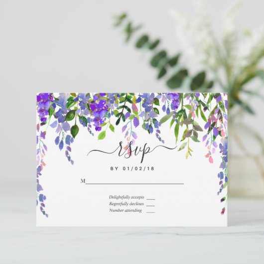 Ultra Violet Waterverf Floral RSVP Kaartje (Staand voorkant)