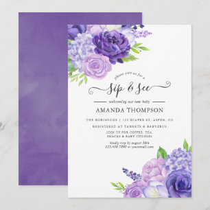 Ultra Violet Waterverf Floral Sip en zie Invitat Kaart