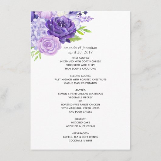 Ultra Violet Waterverf Floral Wedding Menu (Voorkant)