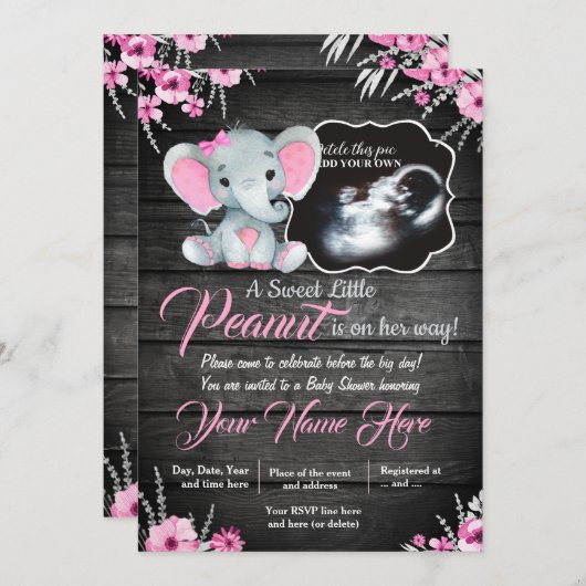 Ultrasound Elephant Baby shower Invitation, rustis Kaart (Voorkant / Achterkant)