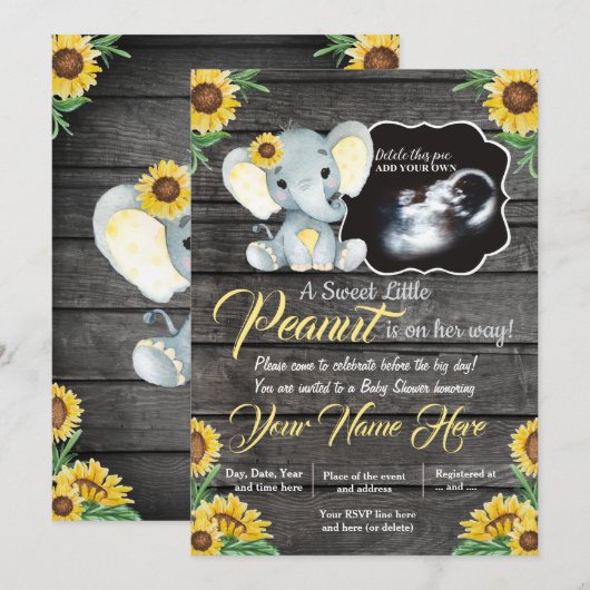 Ultrasound Elephant Baby shower Invitation, rustis Kaart (Voorkant / Achterkant)