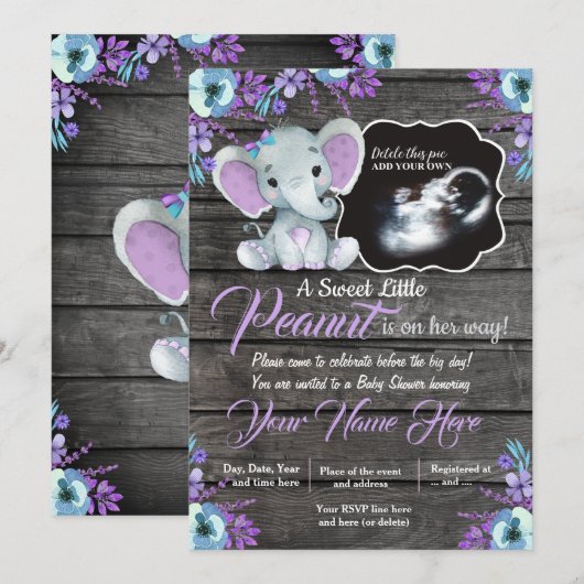 Ultrasound Elephant Baby shower Invitation, rustis Kaart (Voorkant / Achterkant)