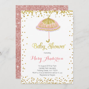 Umbrella Baby shower Invitation Gold Glitter Kaart