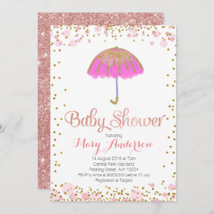 Umbrella Baby shower Invitation Gold Glitter PINK Kaart
