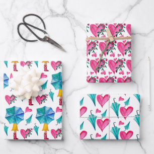 Umbrella Girl Waterverf Hearts Flowers Patroon Inpakpapier Vel