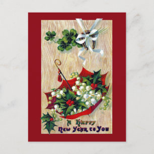 Umbrella of Flowers Vintage New Year Feestdagenkaart