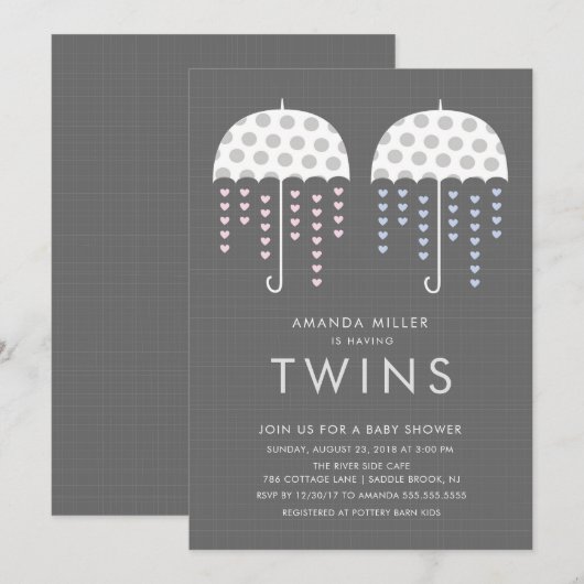 Umbrella TWINS Girl Boy Baby shower Invitation (Devant / Derrière)