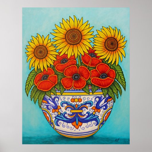 Umbria Bouquet Poppy Sunflower Poster Print (Voorkant)