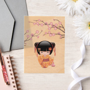 Ume Kokeshi Doll Japanese Geisha Yellow Insert Vellum Uitnodigingen