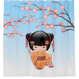 Ume Kokeshi Doll Japans Geisha Meisje Blauw Douchegordijn