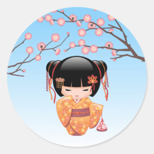 Ume Kokeshi Doll - Japans Geisha Meisje Blauw Ronde Sticker