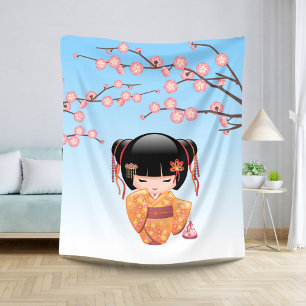 Ume Kokeshi Doll - Japans Geisha Meisje Blauw Sherpa Deken