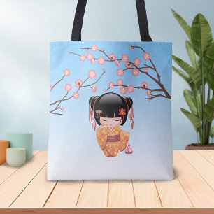 Ume Kokeshi Doll - Japans Pruim Geisha Meisje Blau Draagtas
