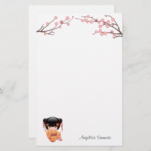 Ume Kokeshi Doll - Japanse peach Geisha Girl Briefpapier (Voorkant / Achterkant)