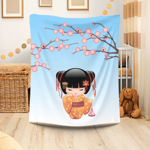 Ume Kokeshi Pop - Japanse Geisha Meisje Blauw Fleece Deken