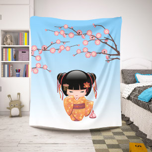 Ume Kokeshi Pop - Japanse Geisha Meisje Blauw Sherpa Deken