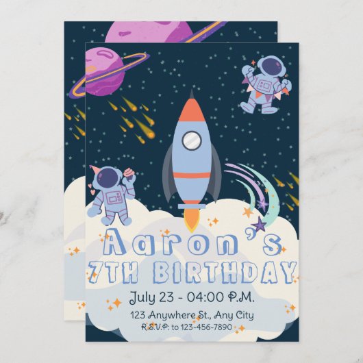 Un astronaute dans l'espace Invitation d'anniversa (Devant / Derrière)