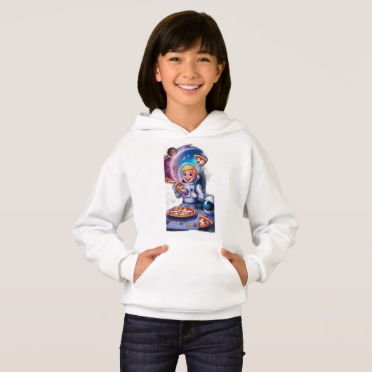 Un astronaute mange de la pizza dans l'espace. (Devant entier)