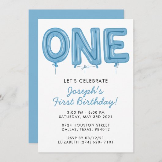 Un ballon, première invitation pour garçon d'anniv (Devant / Derrière)