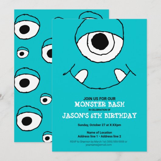 Un Bassin De Monstre Bleu ! Invitations de la fête (Devant / Derrière)