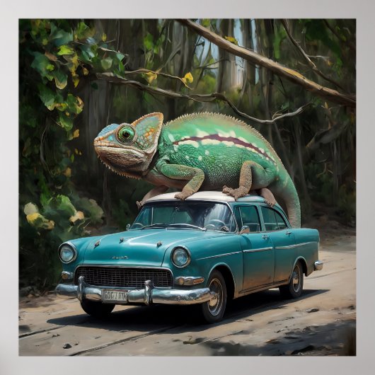 Un caméléon perché sur une voiture dans un tableau (Devant)