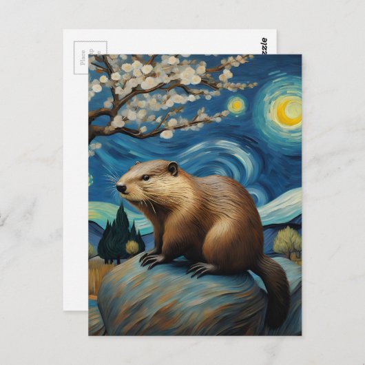 Un castor dans la carte postale Starry Night Sprin (Devant / Derrière)
