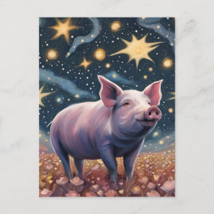 Un cochon mignon dans la carte postale de la nuit