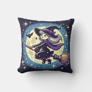 Un coussin où une sorcière vole sous la lune