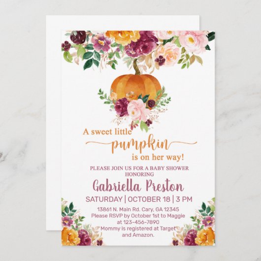 Un doux petit invitation baby shower citrouille. (Devant / Derrière)