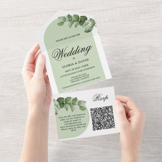Un Elégant Eucalyptus QR Code Tout en une invitation (Déchirure)