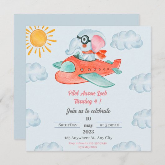 Un éléphant bleu clair Invitation d'anniversaire (Devant / Derrière)