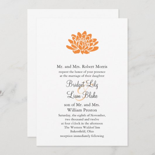 Un Faire-part de mariage à fleurs de Lotus (orange (Devant / Derrière)