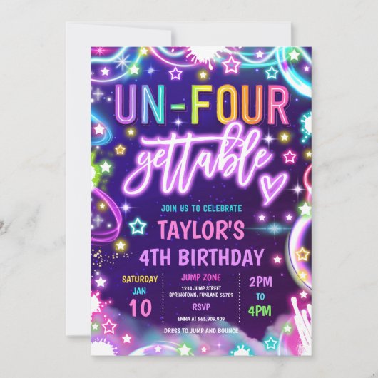 Un-Four-Gettable Neon Glow 4e verjaardagsfeest Kaart (Voorkant)