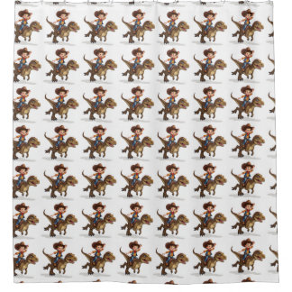 Un garçon tenant un rideau de douche T-Rex