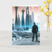 Un homme regarde la carte d'anniversaire futuriste (Fleur jaune)