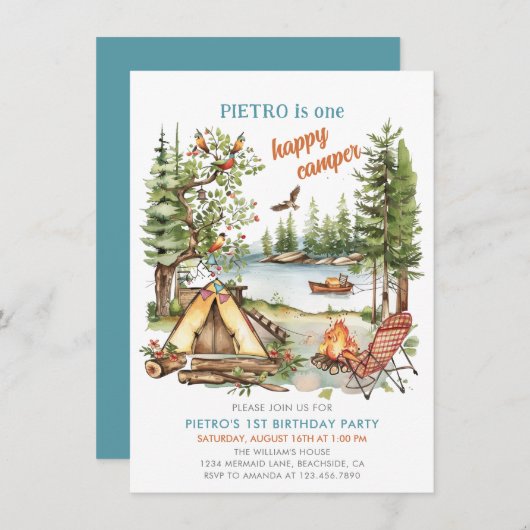 Un Joyeux Camper Boys 1er Invitation anniversaire (Devant / Derrière)