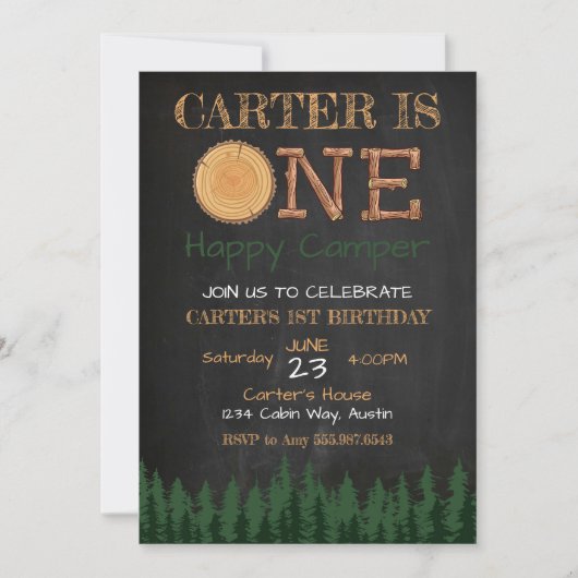 Un joyeux Camper Chalkboard garçon Invitation d'an (Devant)
