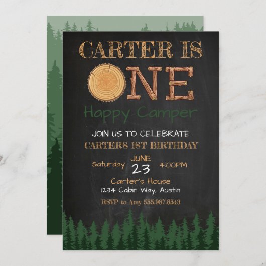 Un joyeux Camper Chalkboard garçon Invitation d'an (Devant / Derrière)