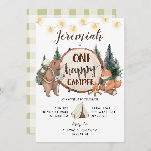 Un Joyeux Camper Première Invitation Anniversaire (Devant / Derrière)