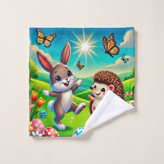 Un lapin et un hérisson heureux (Gant de toilette)