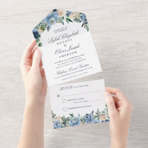 Un Mariage Floral Bleu Dusty tout en une invitation