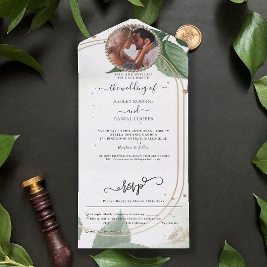 Un Mariage Gold Greenery tout en une invitation
