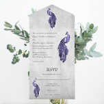 Un Mariage Peacock Violet Tout en une invitation<br><div class="desc">Invités Invitations à votre prochain mariage avec une invitation de mariage tout en un violet Peacock. Le design Invitation présente un paon vibrant reposant sur une délicate vigne blanche de feuillage contre un arrière - plan grunge avec une carte de réponse perforée. Personnalisez avec les noms du marié et de...</div>
