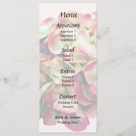 Un menu de mariage à une hydrangea rose et blanc (Devant)