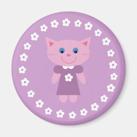 Un mignon chat caricaturé sur un joli aimant lilas (Devant)