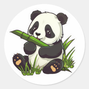 Un panda mignon mange un autocollant en bambou