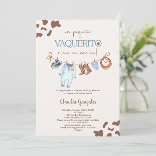 Un Pequeño Vaquerito viene en camino Baby shower Kaart (Staand voorkant)