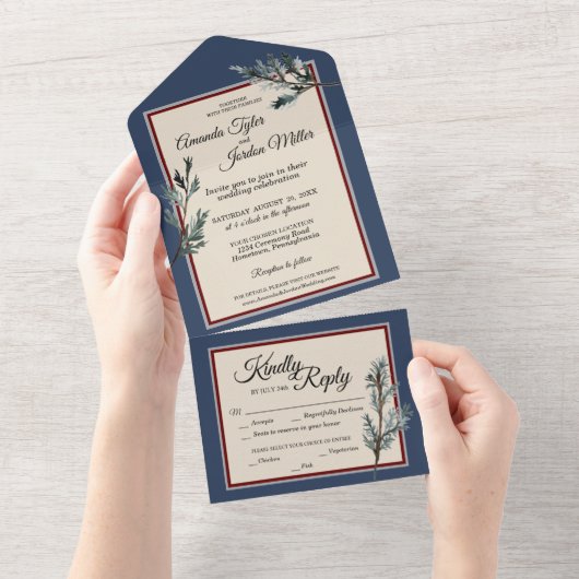 Un Pine Bleu Mariage D'Hiver Tout En Une Invitation (Déchirure)