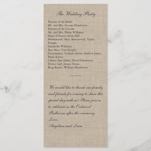 Un programme de mariage rustique de dentelle et de (Dos)